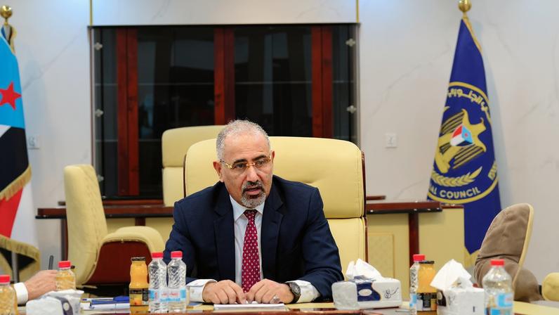 Aidarous al-Zubaidi, the leader of Yemen's Southern Transitional Council (STC), heads a meeting in Aden, Yemen February 26, 2025. Saudi-backed coalition claimed on January 7, 2026 that Zubaidi has fled to an unknown destination. Southern Transitional Council/Handout via REUTERS/File Photo