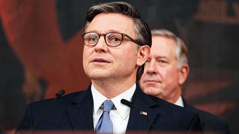 Mike Johnson at a press conference on Capitol Hill in Washington DC, on Thursday.