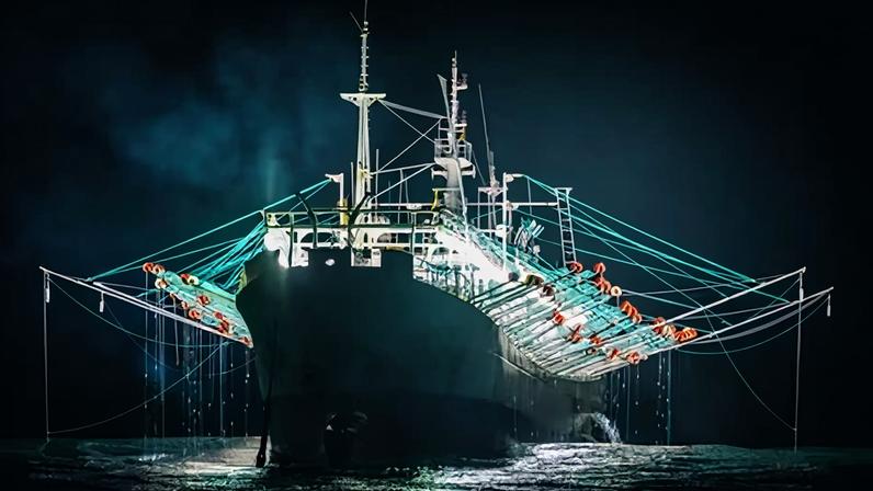 A ‘squid jigging’ vessel off the Argentinian coast at the Mile 201 area just outside its exclusive economic zone. Thereare no internationally agreed catch limits in the region covering squid,which allows the distant-water fleets to take advantage of this regulatory vacuum.