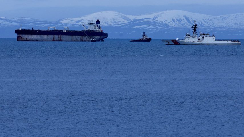 Oil tanker Marinera, previously known as Bella 1, which was seized by the U.S. Coast Guard, is moored next to a U.S. Coast Guard vessel in the Moray Firth, off the coast of Scotland