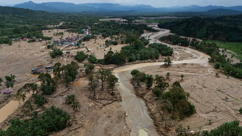 A drone view shows devastated area following deadly flash flood in Batang Toru, North Tapanuli, North Sumatra province