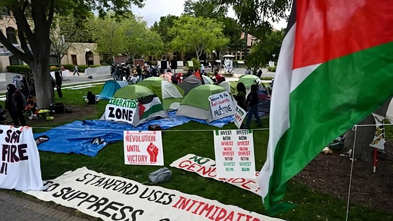 An encampment of protesters at Stanford University, in Stanford, California on 25 April 2024.