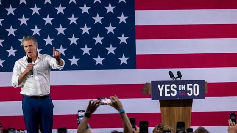 Gavin Newsom speaks on Prop 50 in Los Angeles in November.
