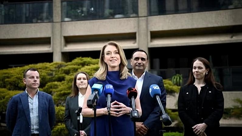 NSW opposition leader Kellie Sloane and Nationals leader Gurmesh Singh with new shadow ministers Brendan Moylan, Jacqui Munro and Monica Tudehope.