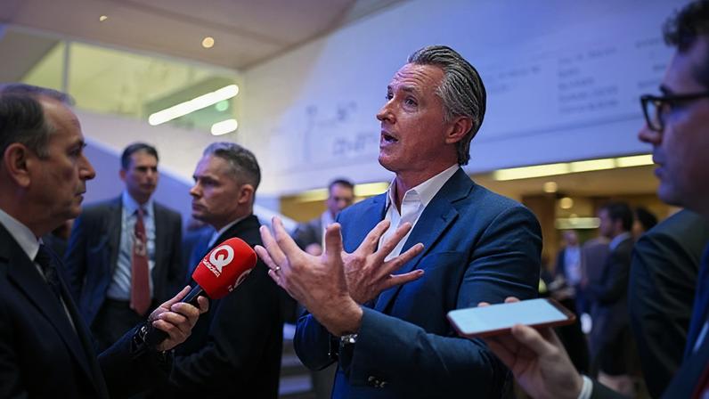 Gavin Newsom speaks on the sidelines of the World Economic Forum in Davos on 20 January 2026.