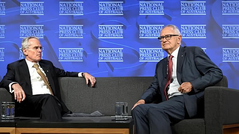 The Superpower Institute’s Rod Sims and Ross Garnaut at the National Press Club in 2024. A new report makes a case for a levy on fossil fuel companies.