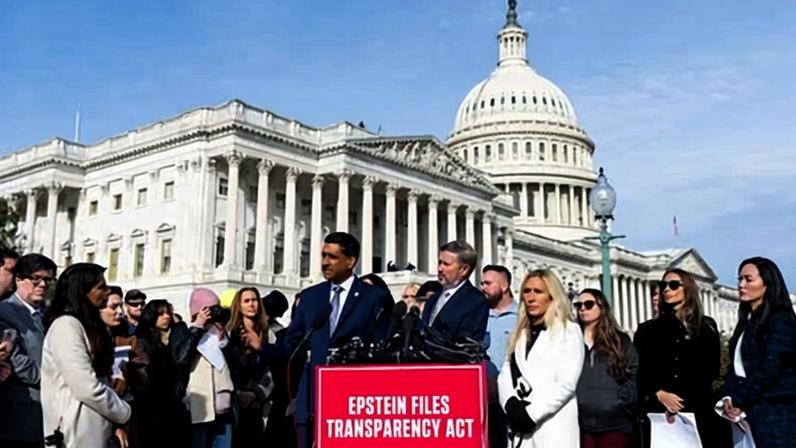 Representatives Ro Khanna, Thomas Massie and Marjorie Taylor Greene outside the US Capitol on 18 November 2025.