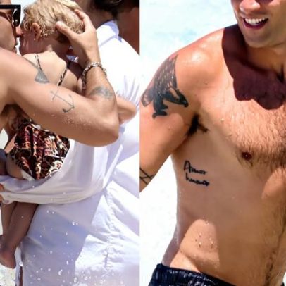 Chay Suede aproveita dia de praia com Laura Neiva e filha de 1 ano