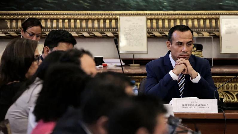 Peruvian President Jose Jeri testifies before a congressional committee to address undisclosed meetings with a Chinese businessman, a case that has intensified scrutiny over his government's transparency and accountability, in Lima, Peru, January 21, 2026. REUTERS/Gerardo Marin