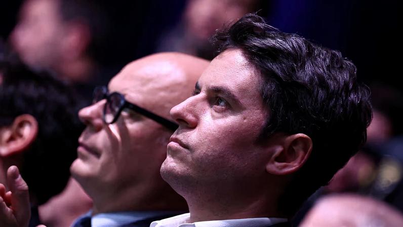 French Prime Minister Gabriel Attal and former Prime Minister Edouard Philippe attend a political rally named "Besoin d'Europe" to launch the campaign of the French presidential majority for the European elections in Lille, France, March 9, 2024. REUTERS/Stephanie Lecocq