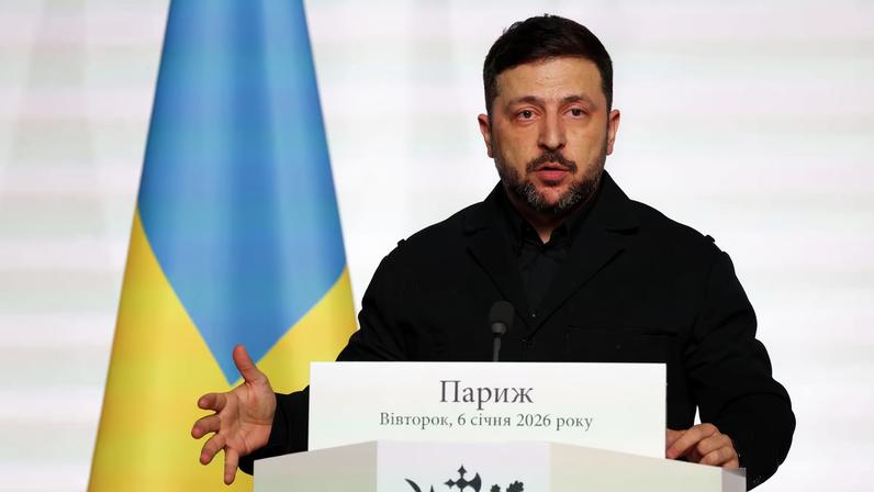 Ukraine's President Volodymyr Zelenskiy delivers a press conference upon the signing of the declaration on deploying post-ceasefire force in Ukraine, during the so-called 'Coalition of the Willing' summit, at the Elysee Palace in Paris, France, January 6, 2026. Ludovic Marin/Pool via REUTERS
