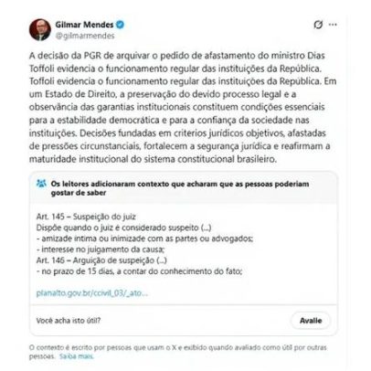 Gilmar Mendes recebe nota da comunidade em post sobre suspeição de Toffoli