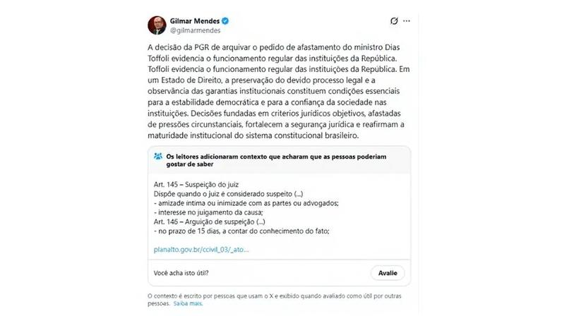 Gilmar Mendes celebrou decisão da PGR que arquivou representação pedindo afastamento de Toffoli. (Foto: Reprodução/X/Gilmar Mendes)