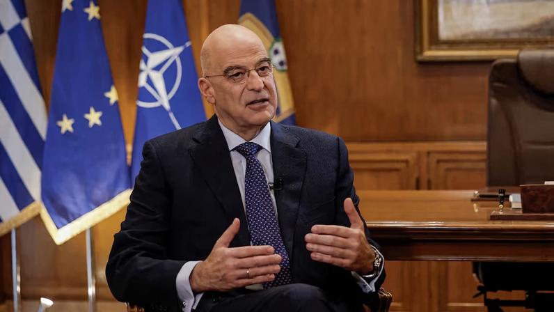 Greek Defence Minister Nikos Dendias speaks during an interview with Reuters at the Ministry of Defence in Athens, Greece, March 1, 2024. REUTERS/Louisa Gouliamaki