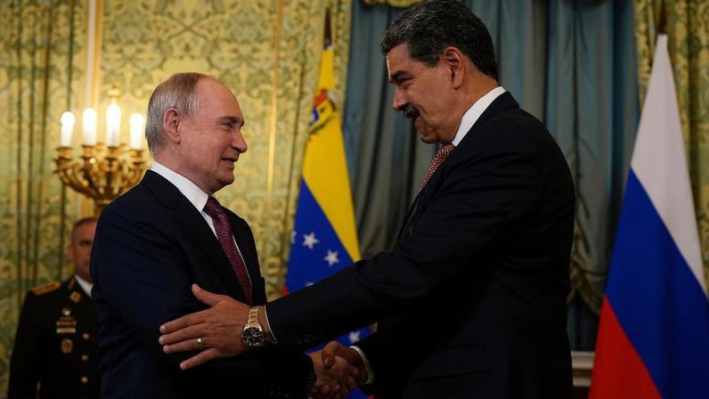 Russian President Vladimir Putin welcomes his Venezuelan counterpart Nicolas Maduro during a meeting at the Kremlin in Moscow, Russia, May 7, 2025. Alexander Zemlianichenko/Pool via REUTERS/File Photo