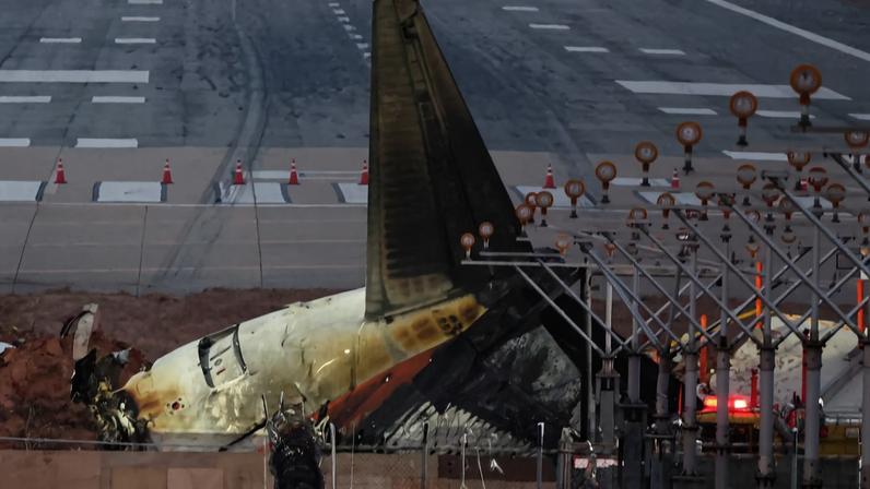 The wreckage of the Jeju Air aircraft that went off the runway and crashed lies at Muan International Airport, in Muan, South Korea, December 30, 2024. REUTERS/Kim Hong-Ji/File Photo