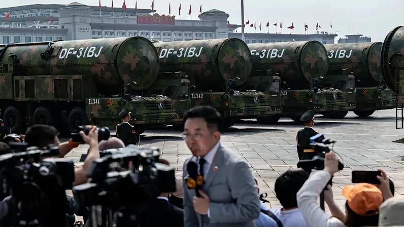 Nuclear capable DF-31BJ ballistic missiles are unveiled during a military parade, which was attended by North Korean leader Kim Jong Un, in Tiananmen Square on Sept. 3, 2025, in Beijing.
