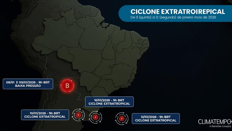 Ciclone extratropical: deslocamento estimado entre 8 e 12 de janeiro de 2026 (Fonte: Climatempo)