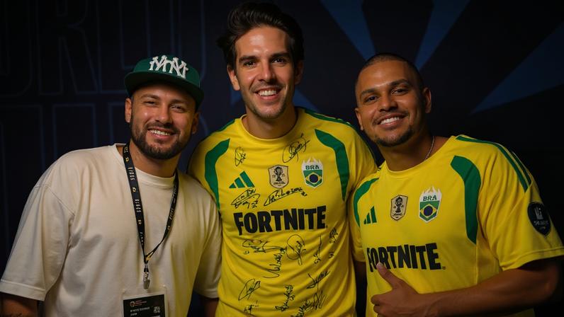 Cris Guedes, Neymar e Kaká como presidentes da equipe Brasil na Kings League (Foto: Reprodução)