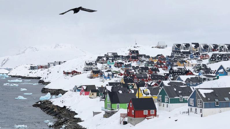 Seagulls fly over the old city of Nuuk, Greenland, March 29, 2025. REUTERS/Leonhard Foeger