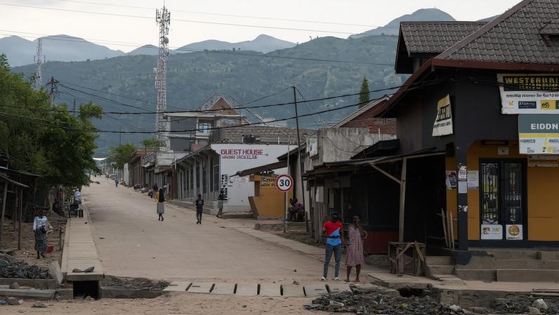 Congolese civilians walk after returning to their homes following displacement during renewed clashes between AFC/M23 and FARDC in Uvira