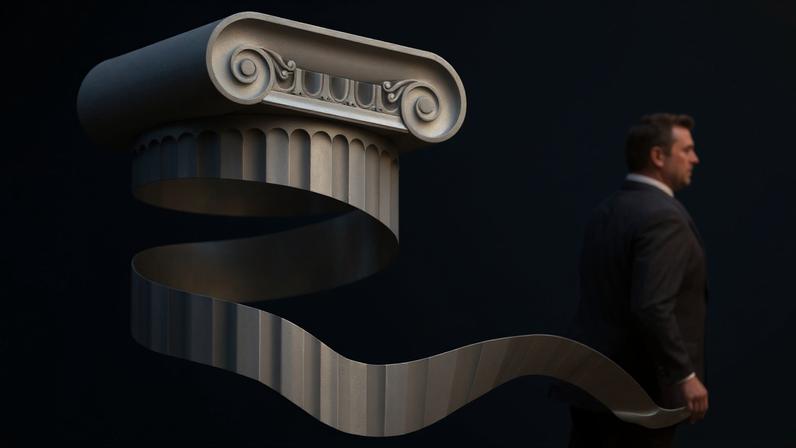 An illustration shows a silhouetted figure pulling on the spiraling edge of a white column, representing unraveling institutional norms.