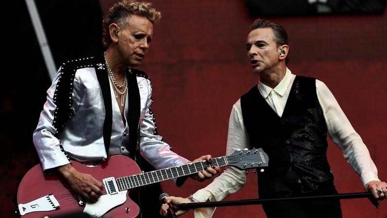 Martin Gore and Dave Gahan of Depeche Mode perform on stage during the Memento Mori World Tour at Twickenham Stadium on June 17, 2023 in London
