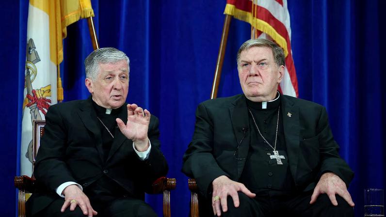 Cardinals Joseph Tobin and Blase Cupich attend a press conference following the election of Pope Leo XIV, at the Pontifical North American College in Rome, Italy, May 9, 2025. REUTERS/Guglielmo Mangiapane/File Photo