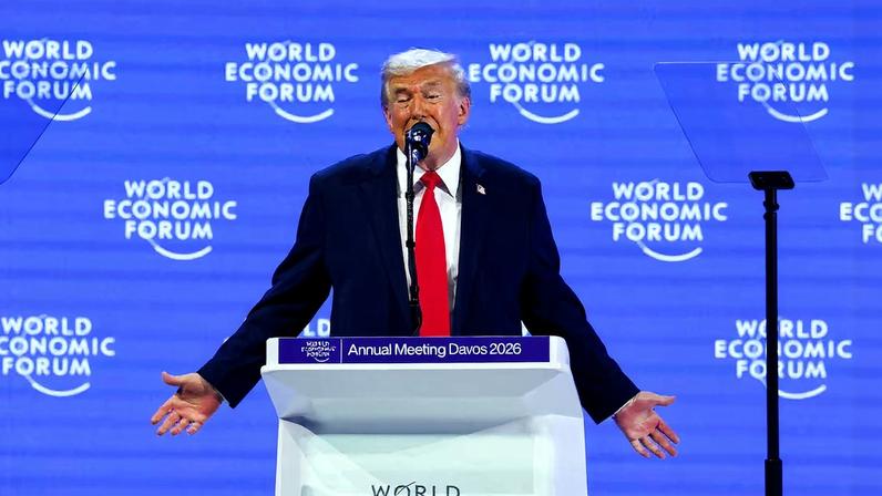 U.S. President Donald Trump speaks during the 56th annual World Economic Forum (WEF) meeting in Davos, Switzerland, January 21, 2026. REUTERS/Denis Balibouse