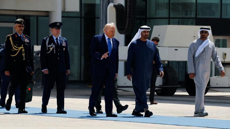 United Arab Emirates President Sheikh Mohamed bin Zayed Al Nahyan accompanies U.S. President Donald Trump as he departs Abu Dhabi, United Arab Emirates, May 16, 2025. REUTERS/Brian Snyder
