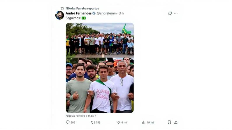 Nikolas Ferreira está aos 90km de sua caminhada de 240km até Brasília. (Foto: Reprodução/X/André Fernandes)