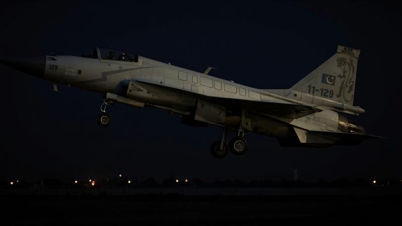 A JF-17 Thunder fighter jet of the Pakistan Air Force takes off from Mushaf base in Sargodha