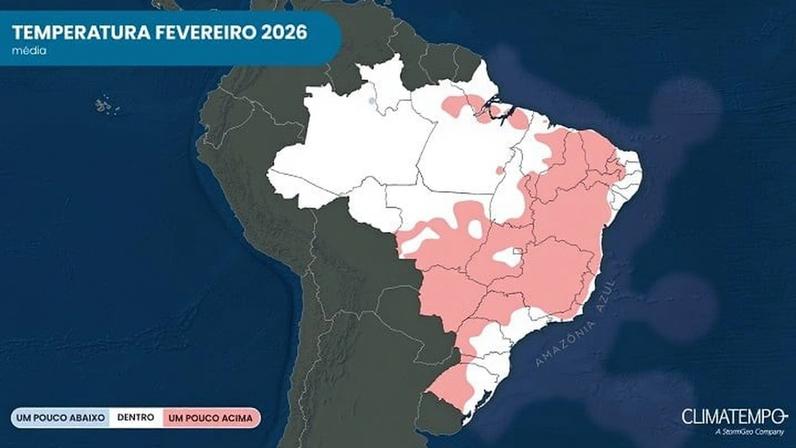 Previsão da anomalia da temperatura média no Brasil em fevereiro de 2026. (Fonte: Climatempo)
