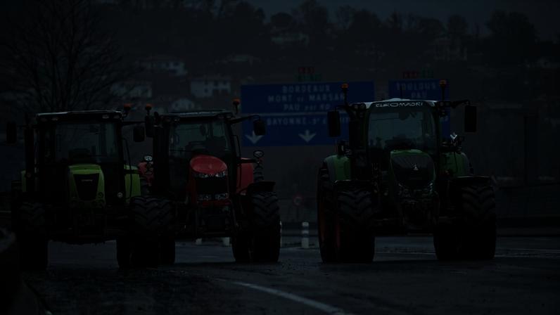 Protesters with tractors block the A63 motorway near Bayonne, France, during a demonstration called by the Coordination Rurale farmers’ union on Jan. 9.