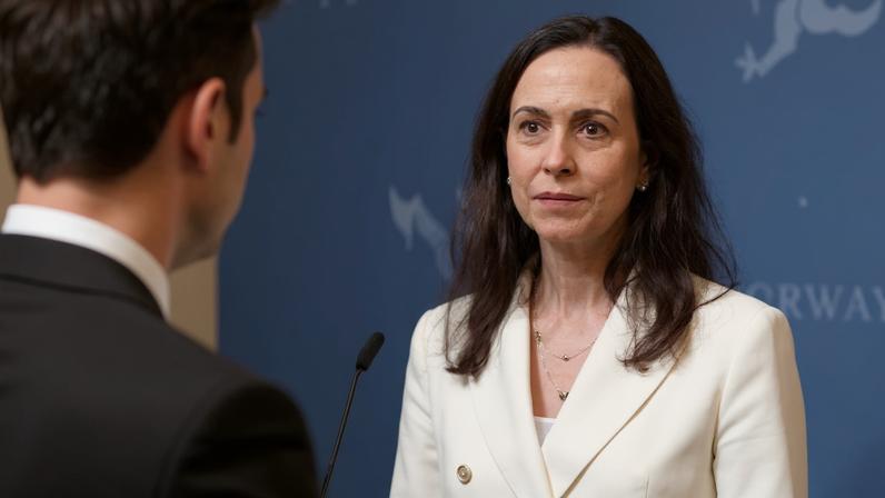 Nobel Peace Prize laureate and Venezuelan opposition leader Maria Corina Machado listens during a press conference in Oslo