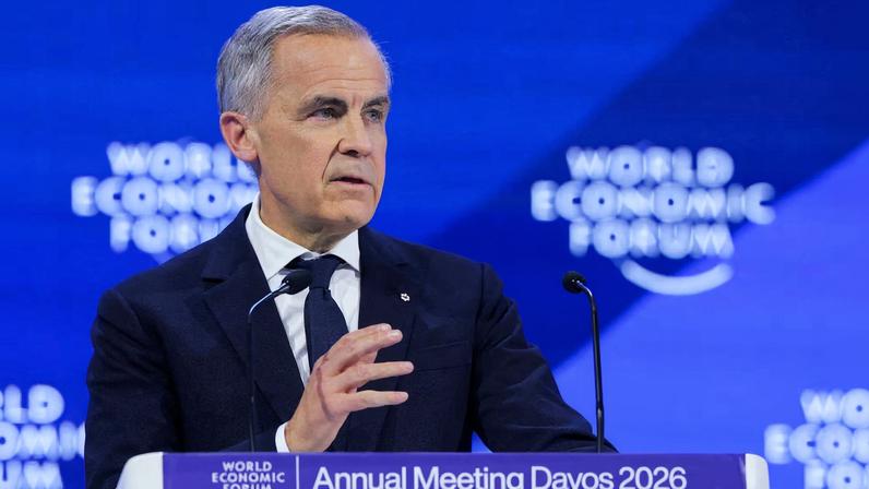 Canada's Prime Minister Mark Carney speaks during the 56th annual World Economic Forum (WEF) meeting in Davos, Switzerland, January 20, 2026. REUTERS/Denis Balibouse/File Photo