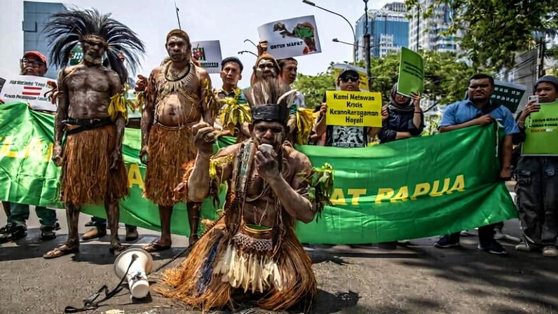 Papuan Indigenous people and activists hold a protest against Merauke Food Estate in front of the Defense Ministry office in Jakarta in 2024.