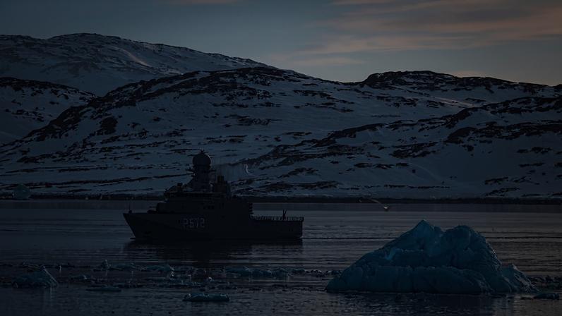 Danish navy vessel Lauge Koch patrols the waters off the capital of Nuuk, Greenland, on March 11, 2025.