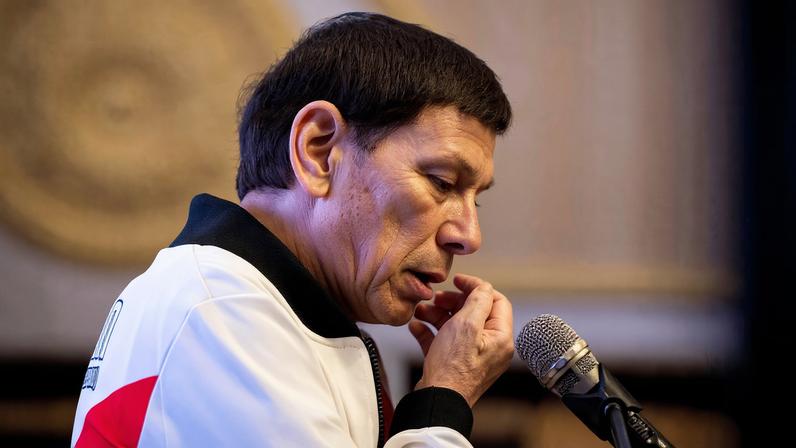 Former Philippine president Rodrigo Duterte gestures as he delivers a message during the proclamation rally for his political party PDP-Laban's senatorial candidates ahead of the midterm elections, at Club Filipino in San Juan, Metro Manila, Philippines, February 13, 2025. REUTERS/Eloisa Lopez
