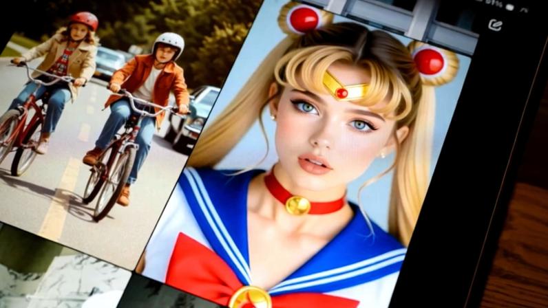 A close-up shot of a screen shows several AI-generated images, including a close-up shot of a woman dressed as a character from the anime Sailor Moon and another image of two children riding bicycles.