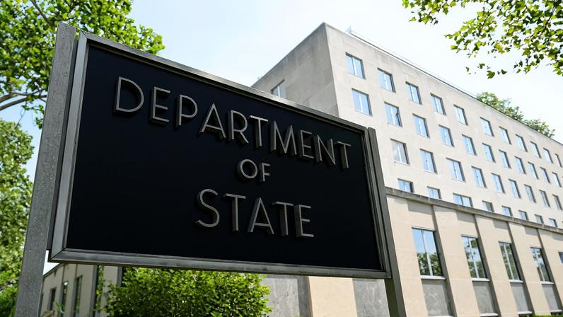 A general view of a U.S. State Department sign outside the U.S. State Department building in Washington, D.C.