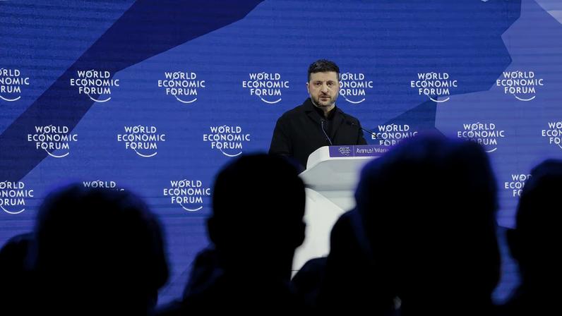 Ukrainian President Volodymyr Zelenskiy speaks at the 56th annual World Economic Forum (WEF) meeting in Davos, Switzerland, January 22, 2026.