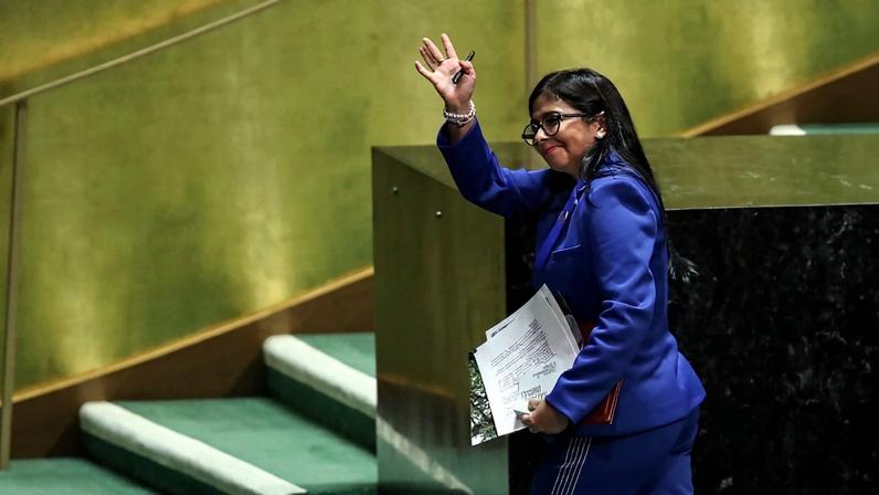Venezuelan Vice President Delcy Rodríguez exits the stage after addressing the United Nations General Assembly at U.N. headquarters in New York City on Sept. 27, 2019.