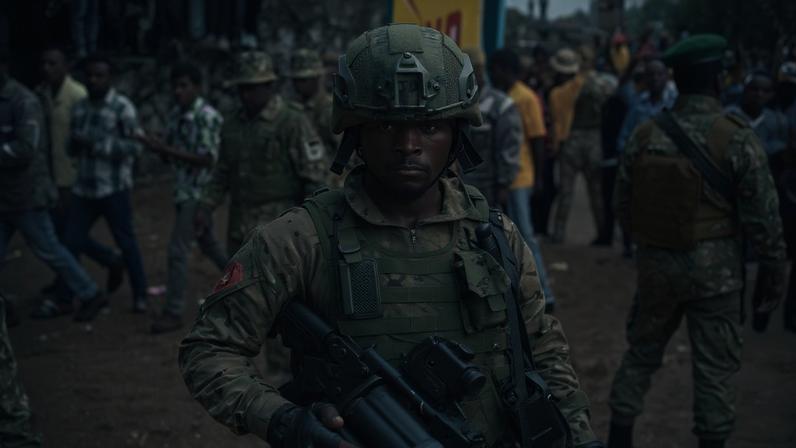 M23 soldiers are seen at the Stade de l'Unite' (Unity Stadium in French) in Goma on February 6, 2025.