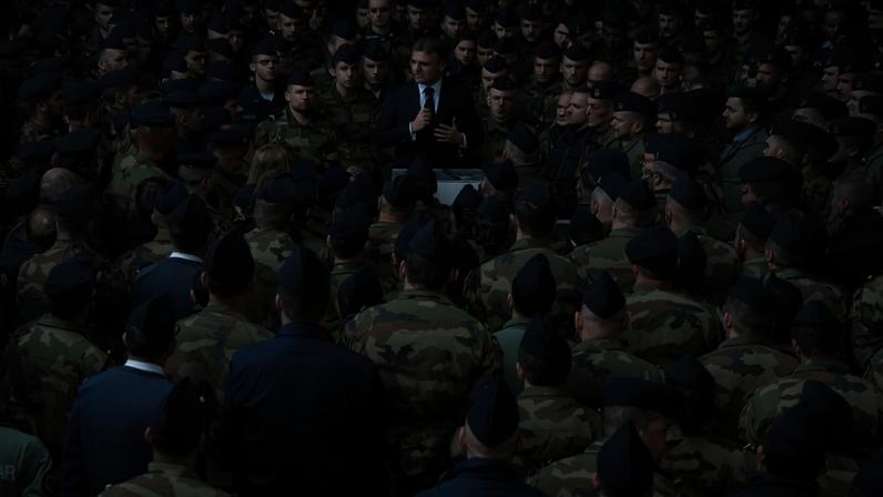 France's President Emmanuel Macron delivers a speech during his visit of the French Air and Space Force in Saint-Sauveur, France on March 18, 2025.
