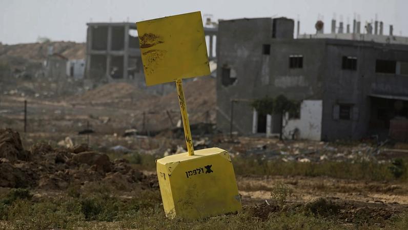 A general view of a concrete block marking the "Yellow Line" drawn by the Israeli military in Bureij, central Gaza Strip, on November 4, 2025.