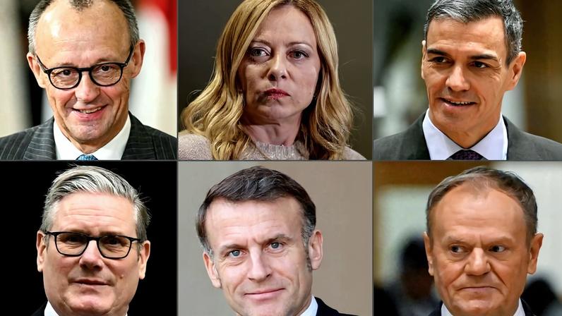 Germany's Chancellor Friedrich Merz, Italy’s Prime Minister Giorgia Meloni, Spain's Prime Minister Pedro Sanchez, Poland's Prime Minister Donald Tusk, France's President Emmanuel Macron, and Britain's Prime Minister Keir Starmer.
