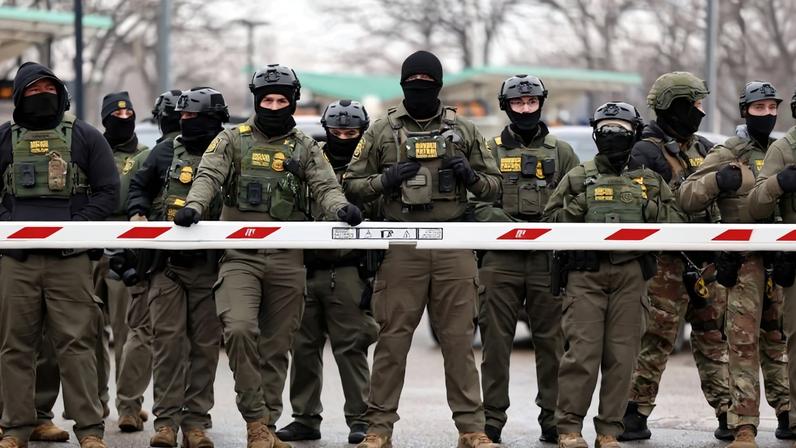 U.S. Border Patrol agents stand guard at the Bishop Henry Whipple Federal Building in Minneapolis, Minnesota, on Jan. 8.