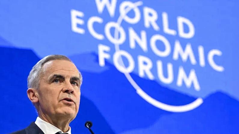 Canadian Prime Minister Mark Carney delivers a speech during the World Economic Forum in Davos, Switzerland, on Jan. 20.