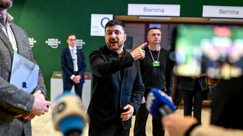 Ukraine's President Volodymyr Zelenskiy speaks to the media at the 56th annual World Economic Forum (WEF) meeting in Davos, Switzerland, January 22, 2026. REUTERS/Romina Amato